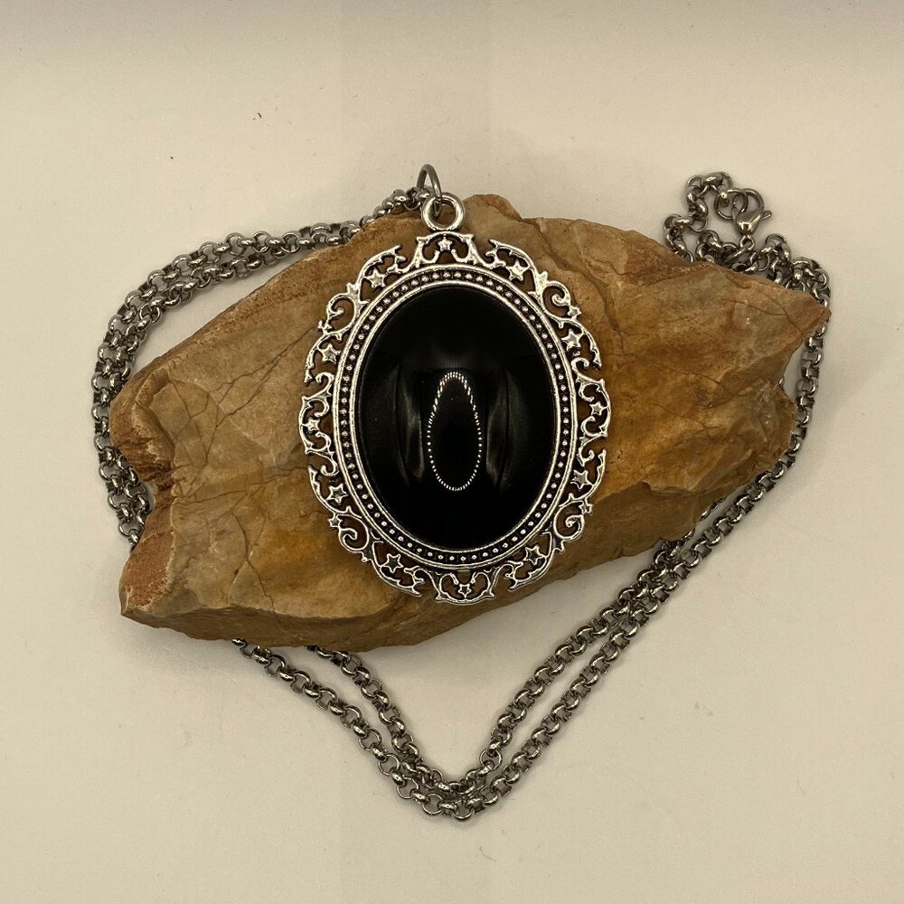 Agate Pendant Necklace Vintage Black Agate Stainless Steel Rolo Chain